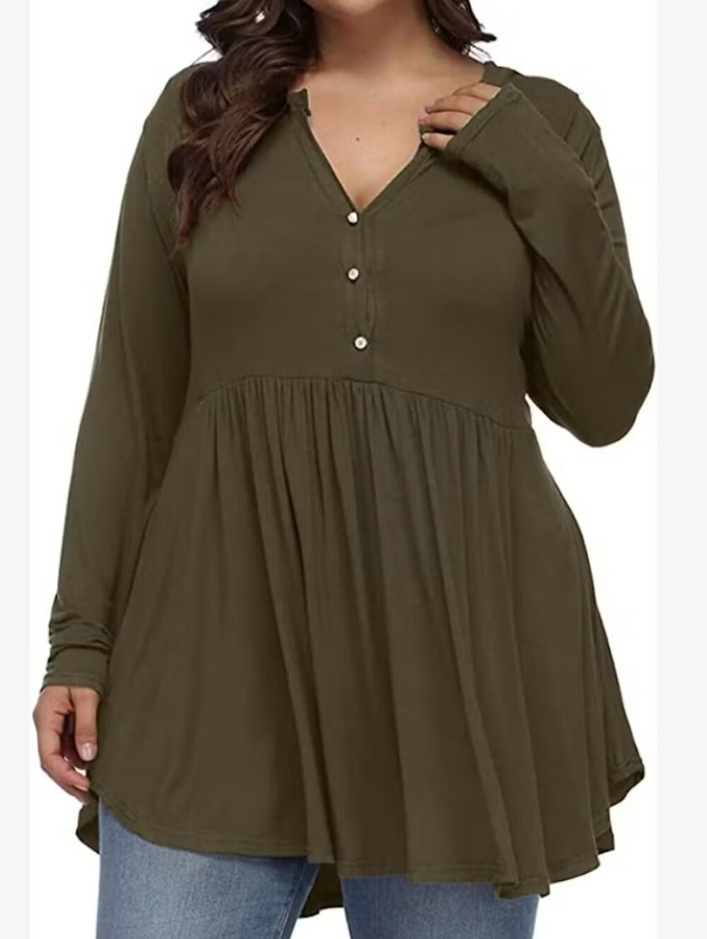 Allegrace Olive Long-Sleeve Button Split-Neck Peplum Top